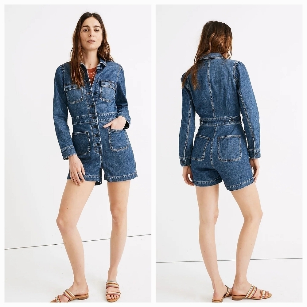 Madewell Women's 0 Denim Long-Sleeve Romper in Vasey Wash AL731